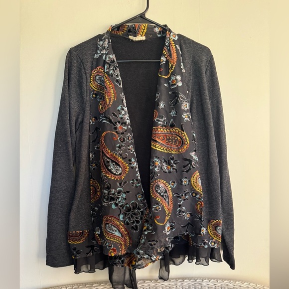 Mystree Charcoal Cardigan with Paisley Burnout Scarf Accents - Picture 1 of 9